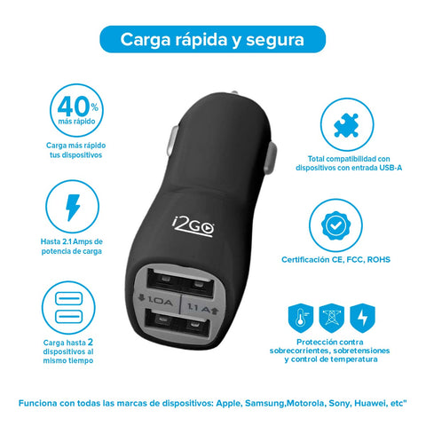 Cargador de Carro Doble USB-A 2.1A Azul